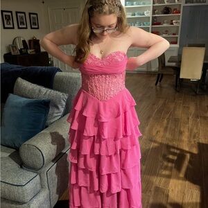 Strapless Pink Ruffled Prom Dress